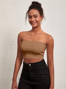 SHEIN BASICS 素色短款抹胸上衣 - 咖啡棕 - 查看 3