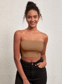 SHEIN BASICS 素色短款抹胸上衣 - 咖啡棕 - 查看 5