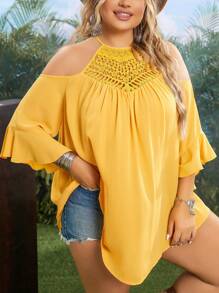 SHEIN VCAY Plus Contrast Guipure Lace Cold Shoulder Flounce Sleeve Blouse - Mustard Yellow - View 1