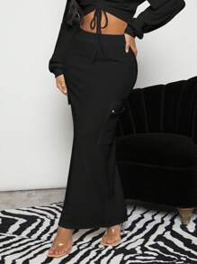 SHEIN SXY 素色翻蓋口袋魚尾短裙 - 黑色 - 查看 3