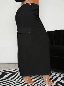 SHEIN SXY 素色翻蓋口袋魚尾短裙 - 黑色 - 查看 6