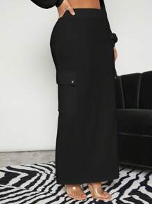 SHEIN SXY 素色翻蓋口袋魚尾短裙 - 黑色 - 查看 1