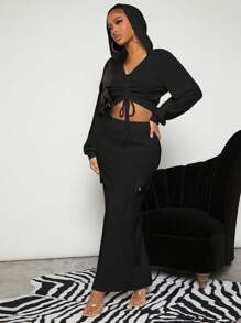 SHEIN SXY 素色翻蓋口袋魚尾短裙 - 黑色 - 查看 7