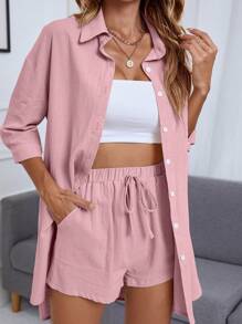 INAWLY Bộ đồ hai mảnh nữ Thắt nút Túi Nút phía trước màu trơn Giải trí - Màu Hồng baby - Xem 5