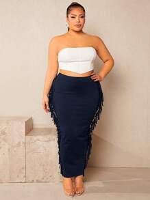 SHEIN SXY 大碼流蘇邊鉛筆裙 - 藏蓝色 - 查看 6