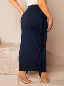 SHEIN SXY 大碼流蘇邊鉛筆裙 - 藏蓝色 - 查看 4