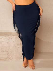 SHEIN SXY 大碼流蘇邊鉛筆裙 - 藏蓝色 - 查看 7