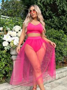 SHEIN SXY 素色吊帶上衣和網紗覆蓋半身裙 - 玫紅色 - 查看 1