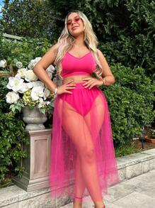 SHEIN SXY 素色吊帶上衣和網紗覆蓋半身裙 - 玫紅色 - 查看 3