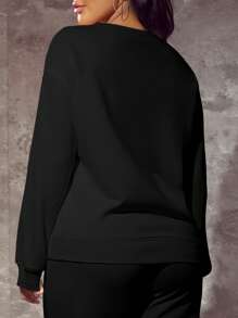 SHEIN SXY 秋冬季字母图案落肩黑色卫衣、长袖上衣 - 黑色 - 查看 3