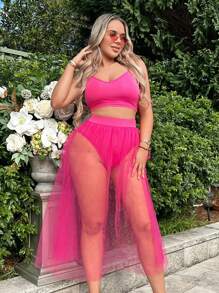 SHEIN SXY 素色吊帶上衣和網紗覆蓋半身裙 - 玫紅色 - 查看 4