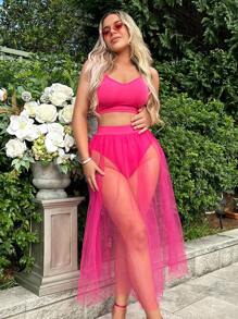 SHEIN SXY 素色吊帶上衣和網紗覆蓋半身裙 - 玫紅色 - 查看 5