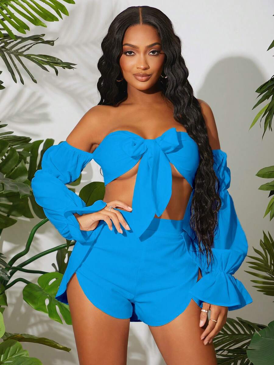 SHEIN SXY 一字肩前打結短款上衣和短褲 - 藍色 - 查看 1