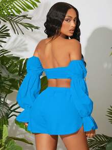 SHEIN SXY 一字肩前打結短款上衣和短褲 - 藍色 - 查看 2