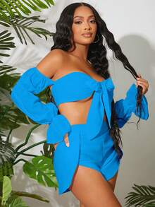 SHEIN SXY 一字肩前打結短款上衣和短褲 - 藍色 - 查看 4