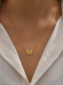 18k Gold Plated 1pc Bow Ring Butterfly Gold Color Stainless Steel Necklace Suitable For Women's Daily Wear And Holiday Gift, Sister Gifts Valentines