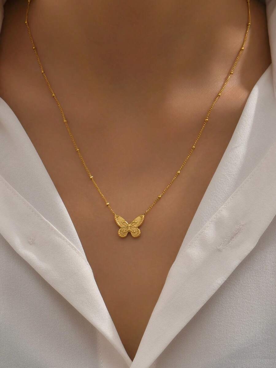 18k Gold Plated 1pc Bow Ring Butterfly Gold Color Stainless Steel Necklace Suitable For Women's Daily Wear And Holiday Gift, Sister Gifts Valentines
