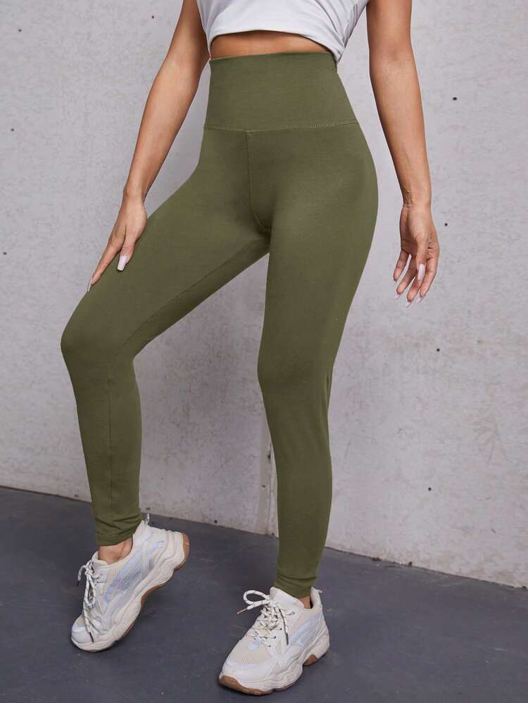 SHEIN BASICS Solid Wideband Waist Leggings - Army Green - View 2