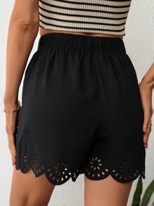 SHEIN VCAY Quần đùi nữ Cắt ra Thắt nút Sò điệp màu trơn Giải trí - màu đen - Xem 2