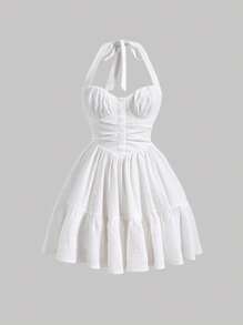 SHEIN MOD Solid Ruched Bust Ruffle Hem Halter Dress - White - View 1