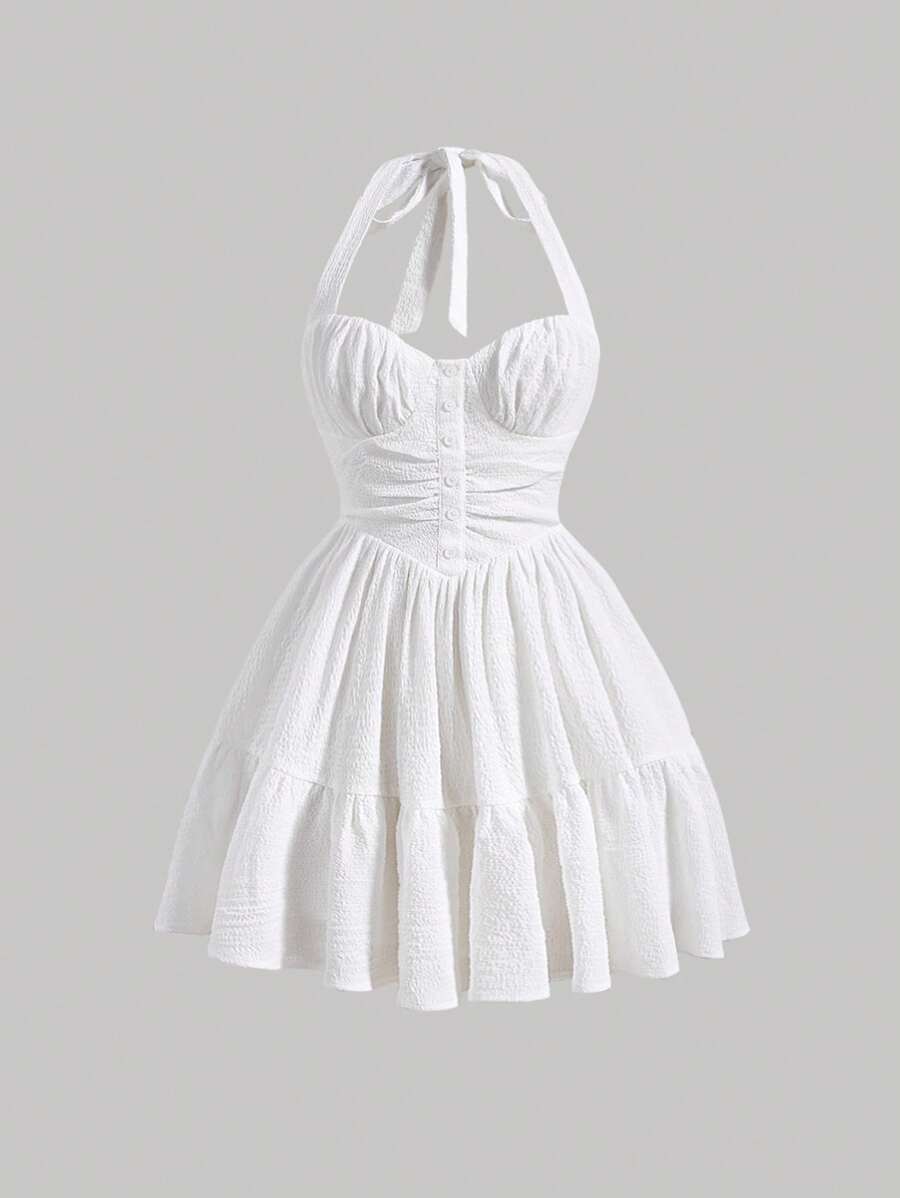 SHEIN MOD Solid Ruched Bust Ruffle Hem Halter Dress - White - View 1