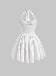 SHEIN MOD Solid Ruched Bust Ruffle Hem Halter Dress - White - View 2