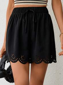 SHEIN VCAY Quần đùi nữ Cắt ra Thắt nút Sò điệp màu trơn Giải trí - màu đen - Xem 5