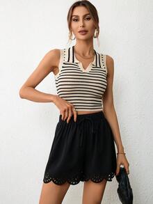 SHEIN VCAY Quần đùi nữ Cắt ra Thắt nút Sò điệp màu trơn Giải trí - màu đen - Xem 6