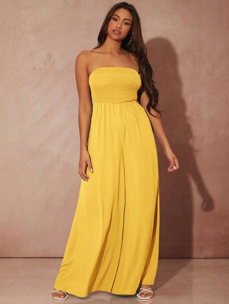 SHEIN SXY Solid Wide Leg Tube Jumpsuit - Yellow - View 1