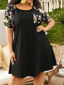 SHEIN CURVE+ 大碼印花補丁貼口袋T恤洋裝 - 黑色 - 查看 1