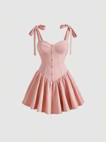 SHEIN MOD 肩上打結荷葉邊吊帶連衣裙 - 淺粉色 - 查看 1
