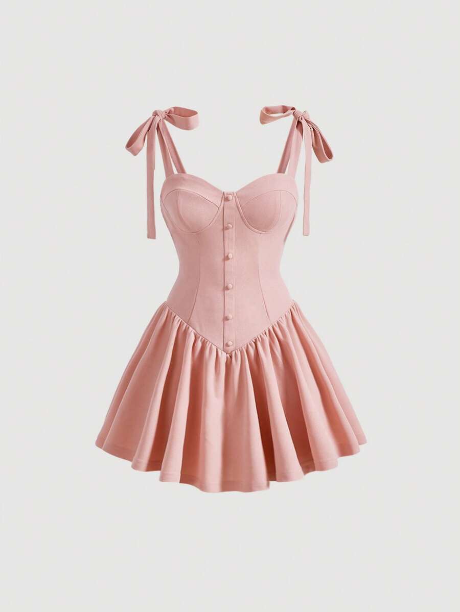SHEIN MOD 肩上打結荷葉邊吊帶連衣裙 - 淺粉色 - 查看 1