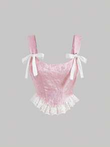SHEIN MOD 前打結花邊褶下擺提花寬背帶上衣 - 淺粉色 - 查看 1