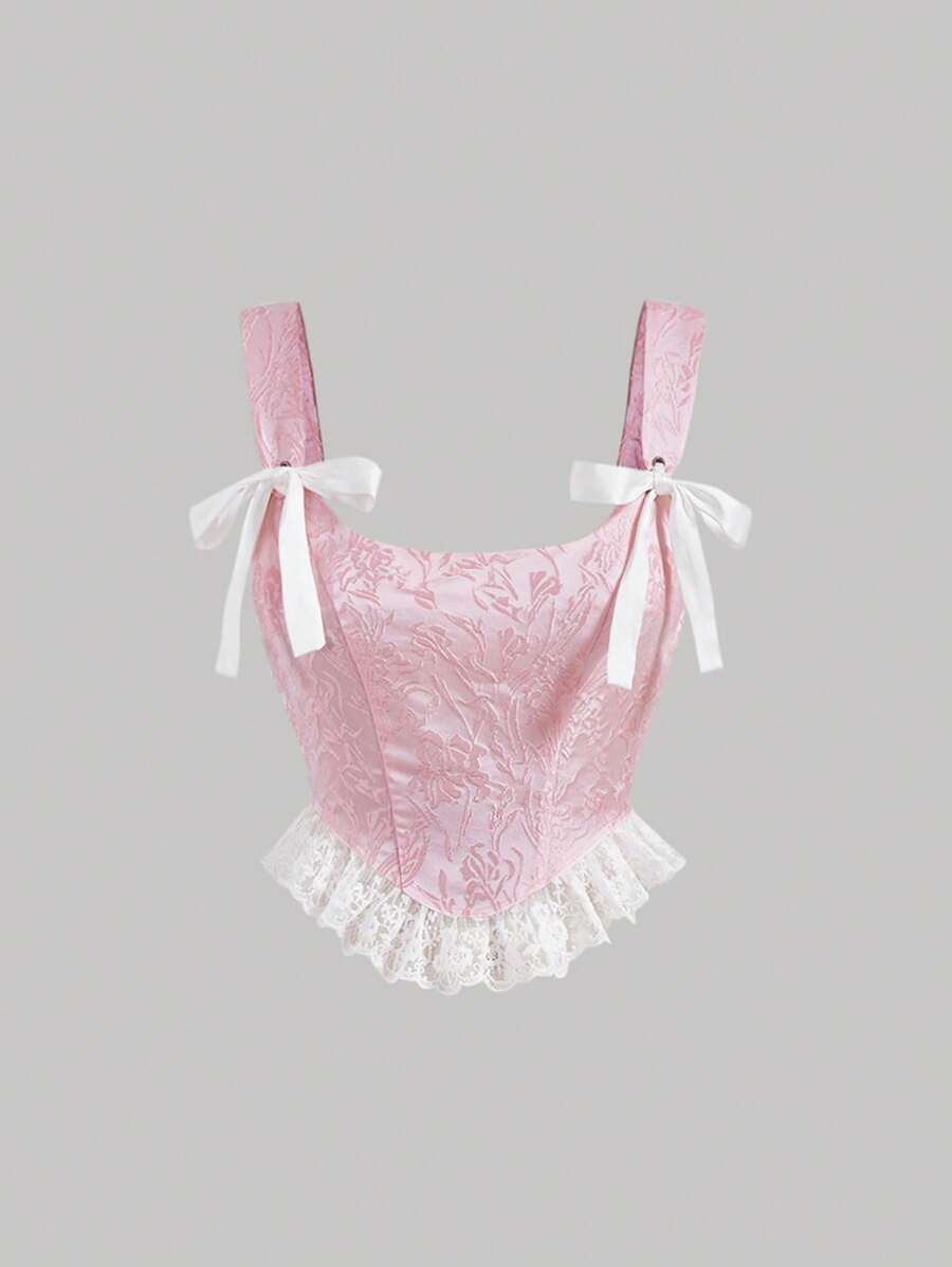 SHEIN MOD 前打結花邊褶下擺提花寬背帶上衣 - 淺粉色 - 查看 1