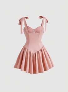 SHEIN MOD 肩上打結荷葉邊吊帶連衣裙 - 淺粉色 - 查看 2