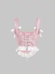 SHEIN MOD 前打結花邊褶下擺提花寬背帶上衣 - 淺粉色 - 查看 2