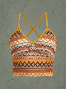 ROMWE Hippie Áo khoác và áo lót dành cho xe tăng nữ Hội Chữ thập Tương phản ràng buộc In chữ V Hình học Boho - Nhiều màu - Xem 1