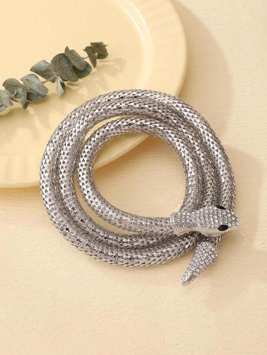 1 collar de decoración de serpiente de diamantes de imitación a la moda para mujer para fiesta para decoración diaria - Plateado - Ver 1