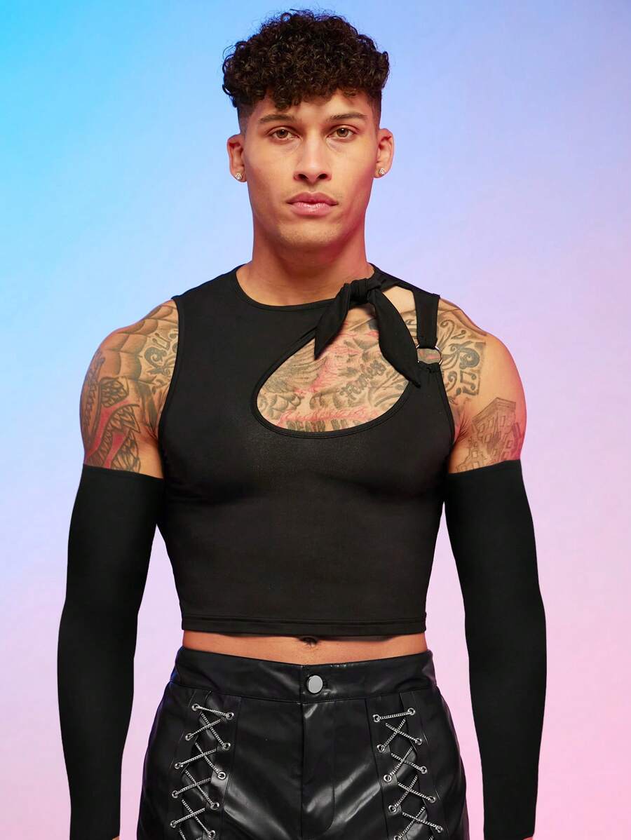 FeverCity 男士鏤空前打結背心上衣帶袖子 - 黑色 - 查看 1