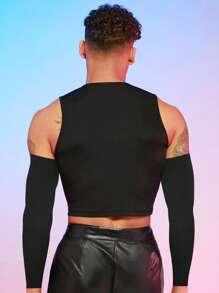 FeverCity 男士鏤空前打結背心上衣帶袖子 - 黑色 - 查看 2