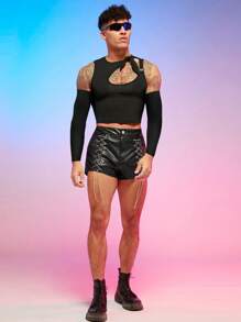 FeverCity 男士鏤空前打結背心上衣帶袖子 - 黑色 - 查看 3