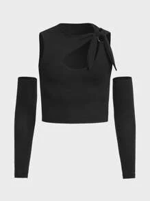 FeverCity 男士鏤空前打結背心上衣帶袖子 - 黑色 - 查看 4