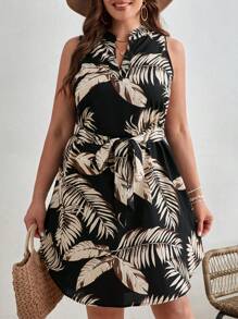 SHEIN VCAY Plus Tropical Print Notched Neck Belted Dress - Multicolor - View 4