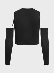 FeverCity 男士鏤空前打結背心上衣帶袖子 - 黑色 - 查看 5