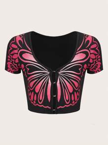 SHEIN ICON Butterfly Print Hook And Eye Crop Tee - Multicolor - View 1