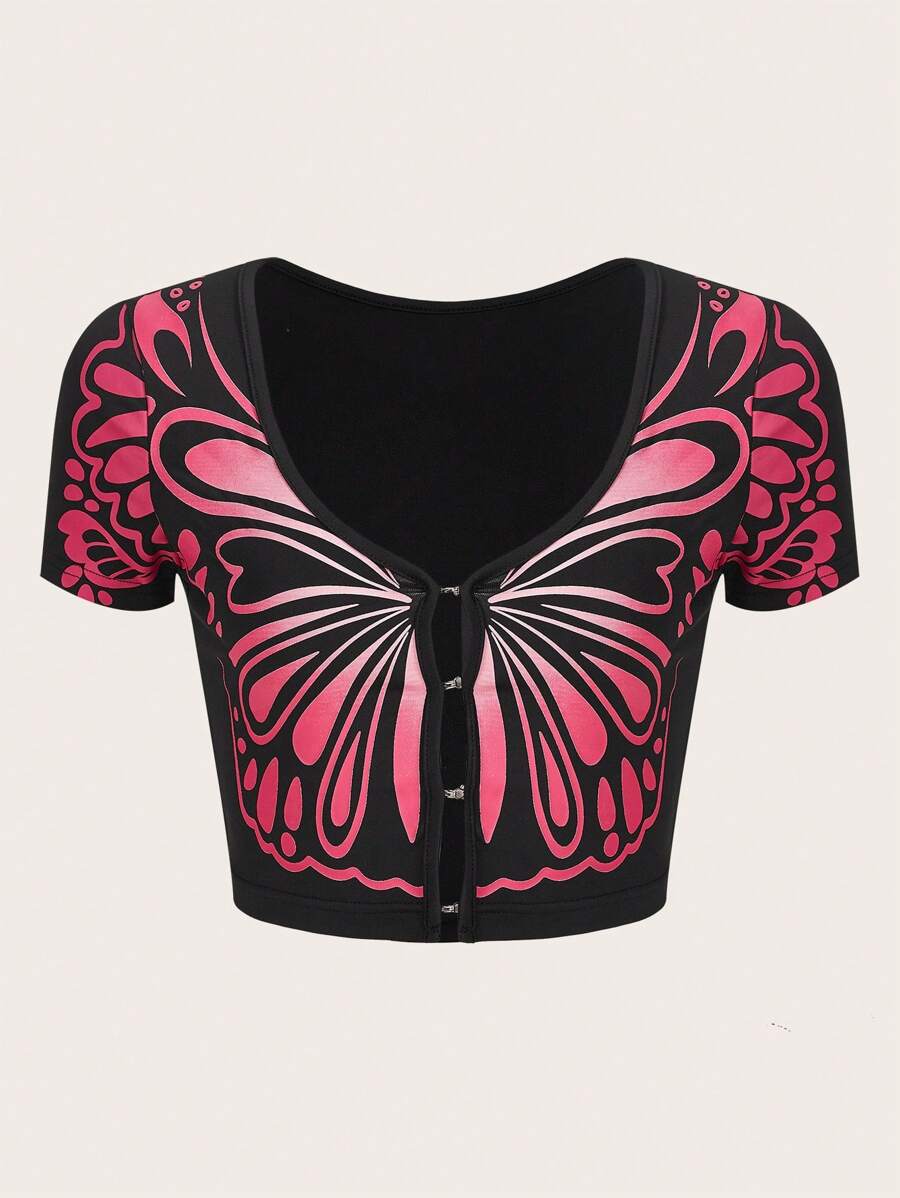 SHEIN ICON Butterfly Print Hook And Eye Crop Tee - Multicolor - View 1