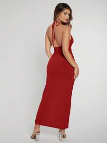 SHEIN SXY 抽繩高衩繞頸露背褶邊洋裝 - 酒紅色 - 查看 3
