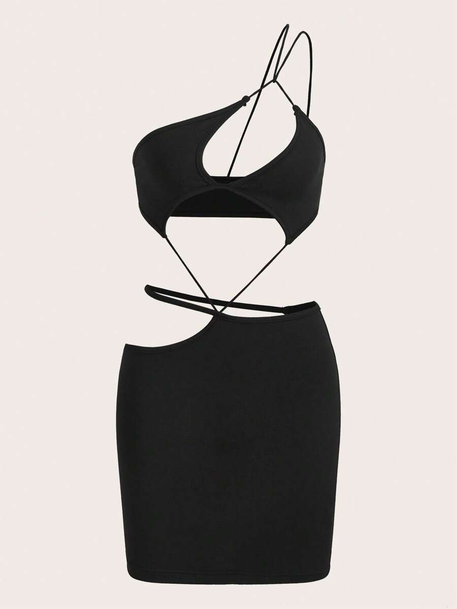 SHEIN ICON Đầm Bất đối xứng Cắt ra màu trơn Gợi cảm - màu đen - Xem 1