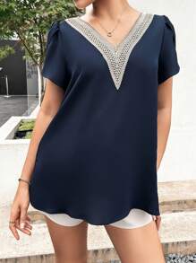 SHEIN 孕婦拼接水溶蕾絲花瓣袖襯衫