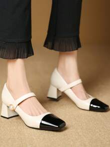 女性撞色人造珍珠裝飾粗跟優雅戶外瑪麗珍鞋 - 米色 - 查看 1